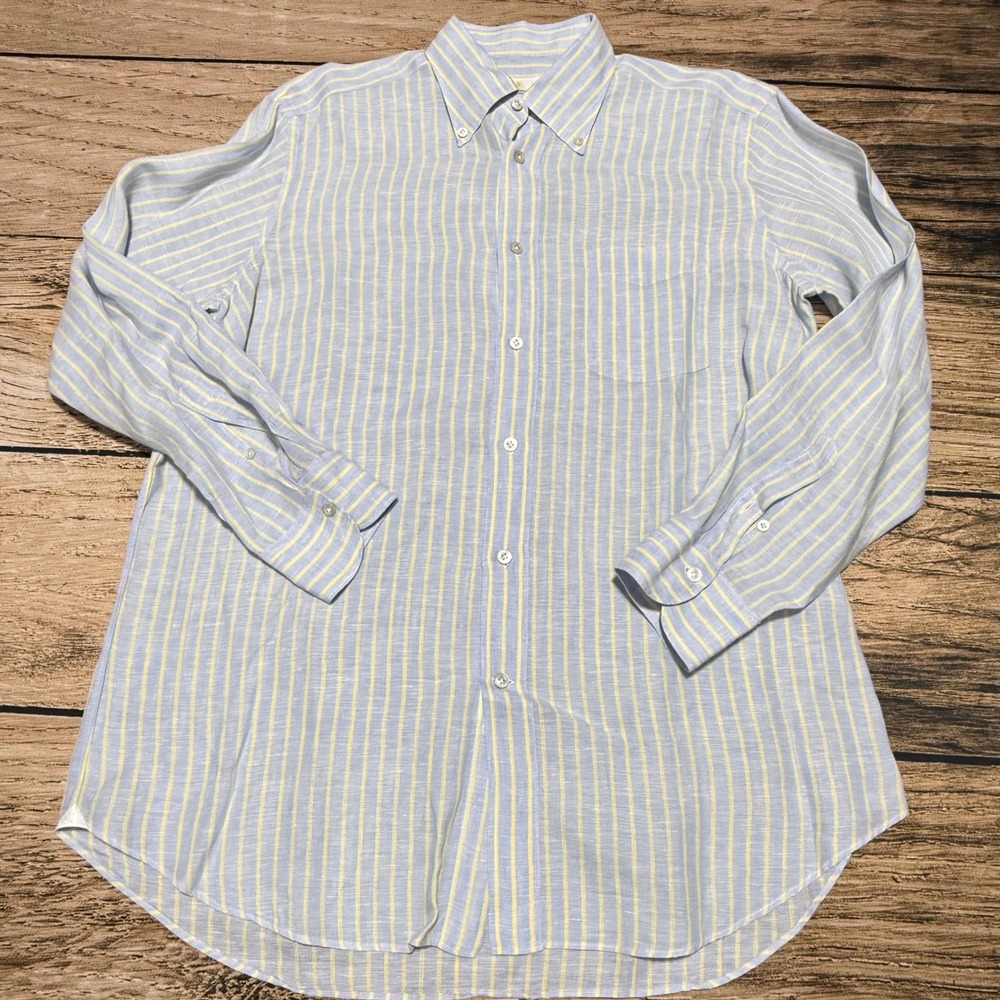 Giannetto Portofino Button Down Shirt Mens Med Blue Yellow Striped Linen Italy